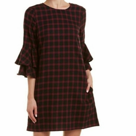 ⭐BEACHLUNCHLOUNGE Red Black Check Dress Ruffle Bell Sleeve Buffalo Cotton Medium - Picture 2 of 10